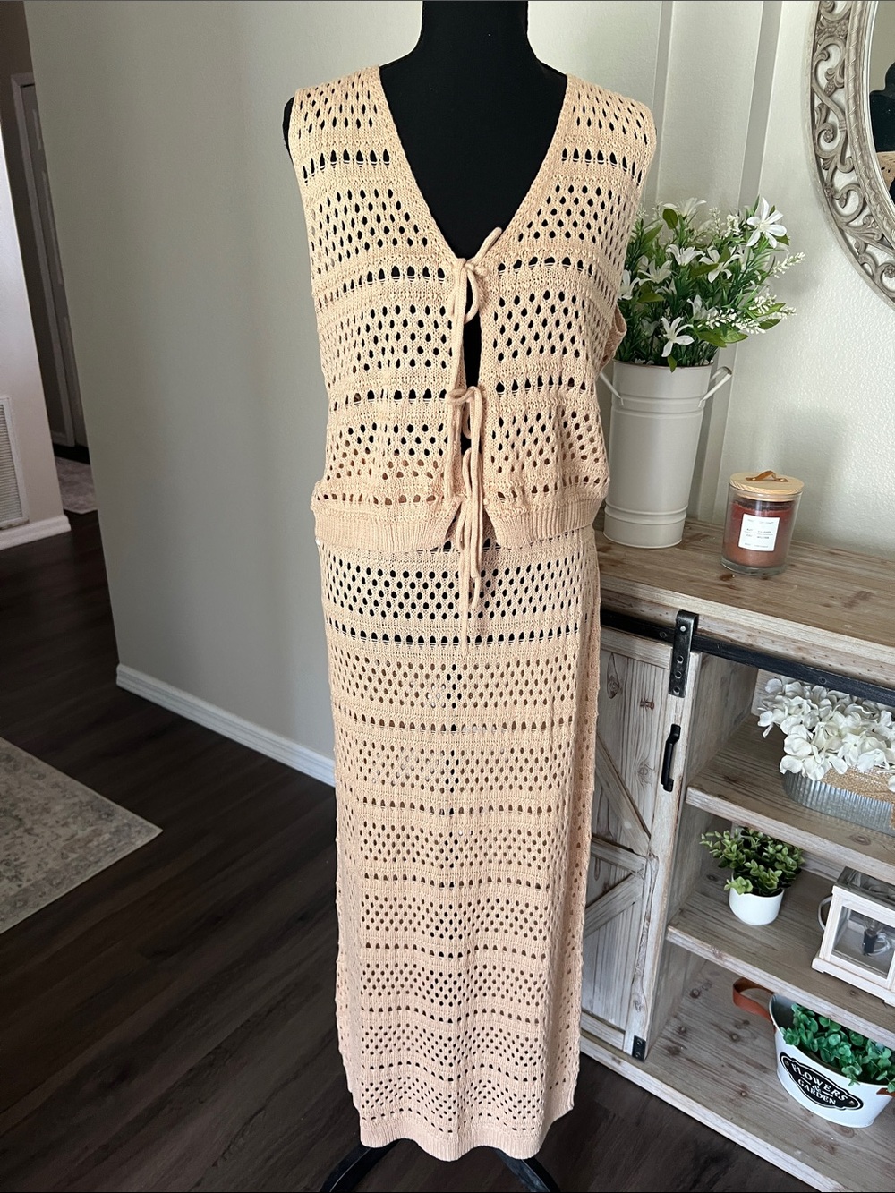 Amazon Beige Crochet Maxi Skirt Set